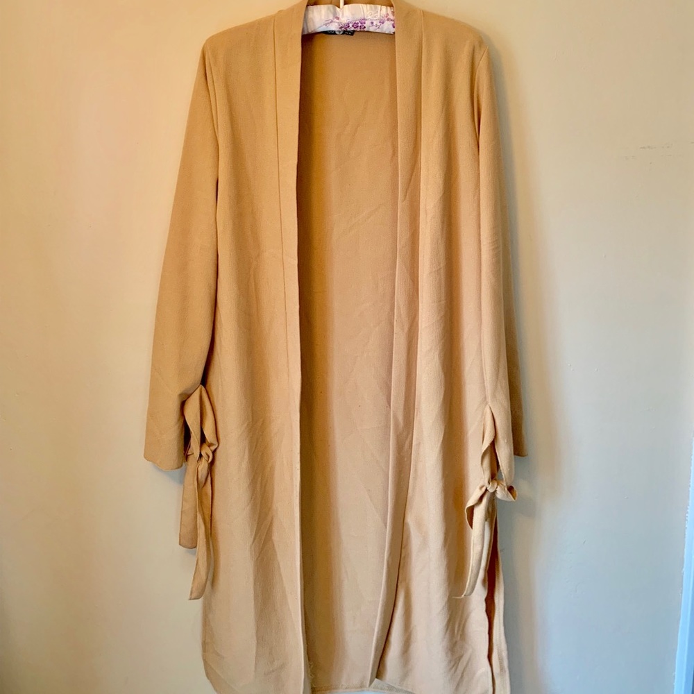Long Light Brown Duster Coat w/ Tie Bow Sleeves